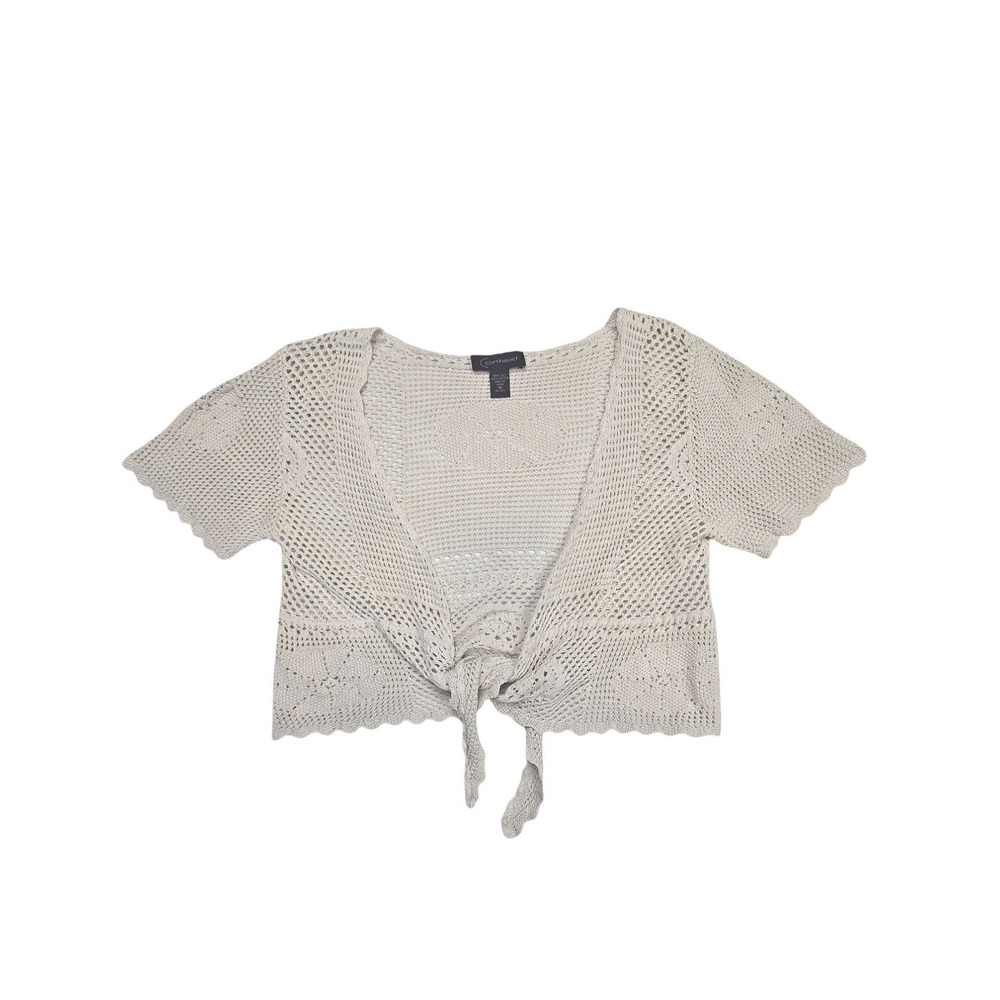 Context Silk Cotton Crochet Knit Tie Front Cardigan Shrug Beige Tan Vintage Y2K